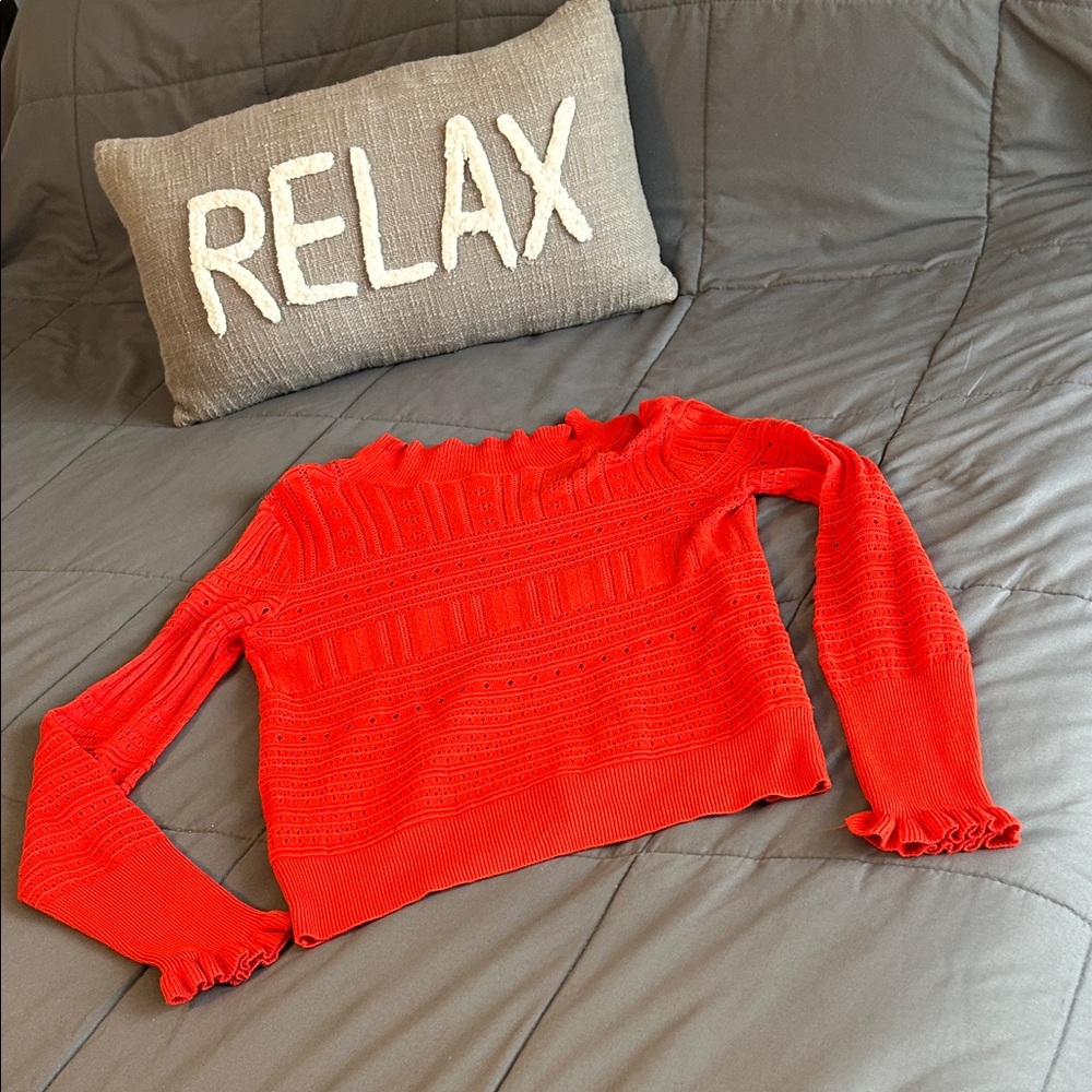 Vibrant Red Orange Knit Crochet Pointelle Sweater NEW Ruffle Hem S Romantic Crew - Picture 3 of 7